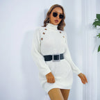 Cream White Ribbed Turtleneck Sweater Dress - View 6 | WEUXS