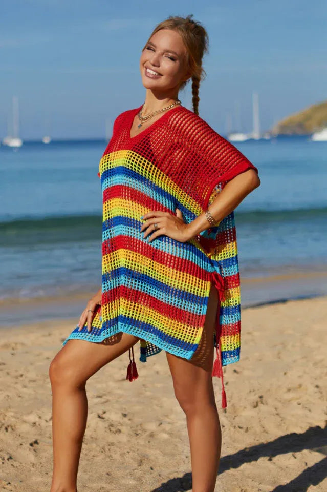 Rainbow Stripe Openwork Slit Cover Up - WEUXS