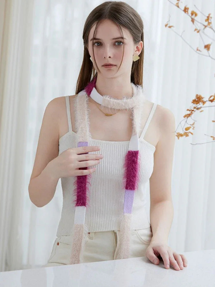 Fuzzy knit skinny scarf with color block pattern - View 12 | WEUXS