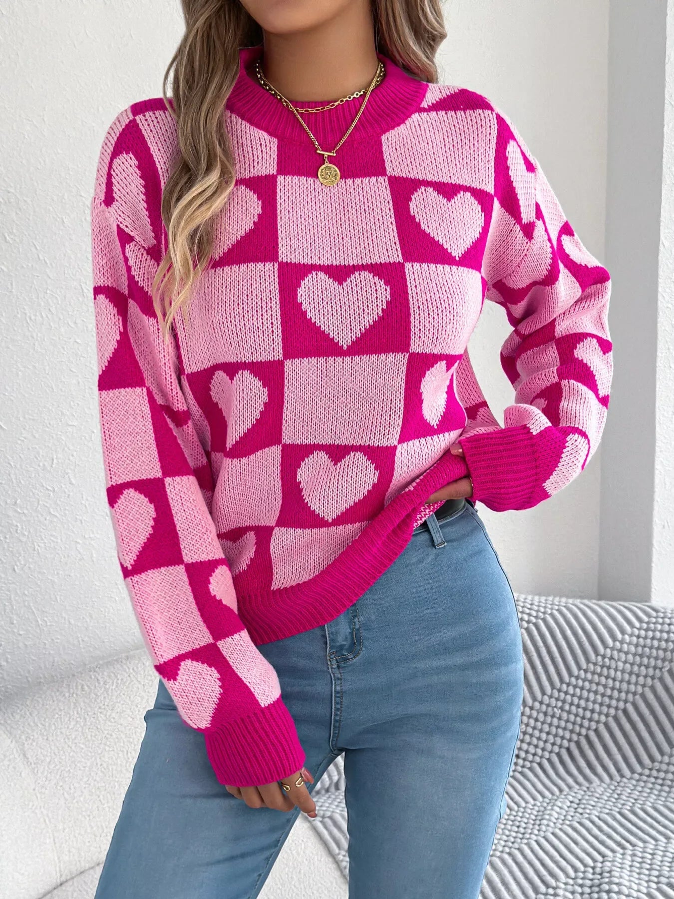 Romantic Red & Black Heart Checkerboard Sweater - WEUXS