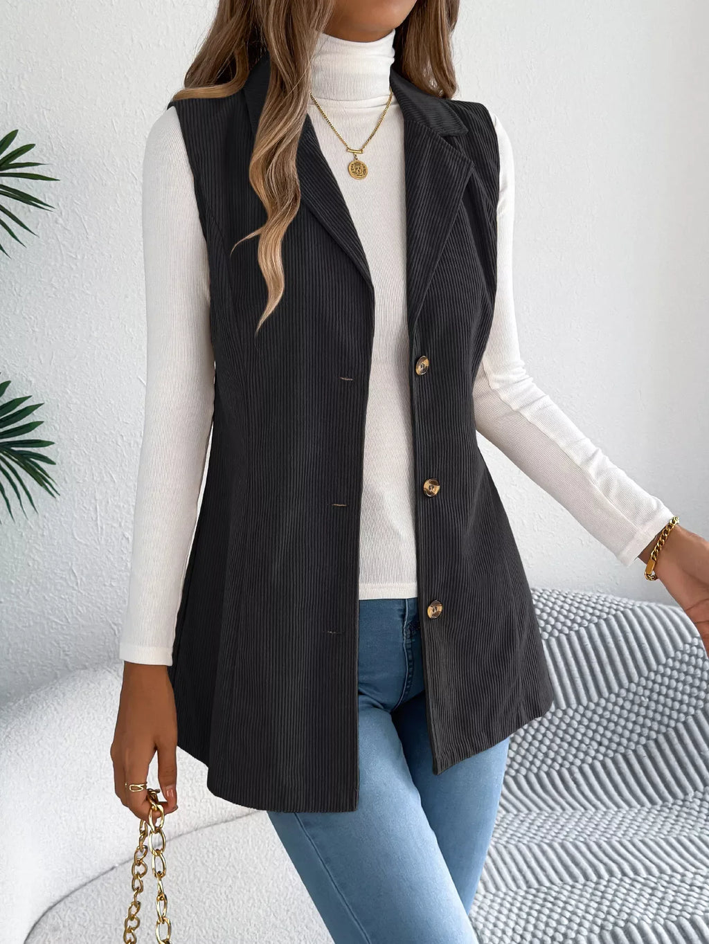 Beige corduroy sleeveless jacket with notched lapel - View 12 | WEUXS