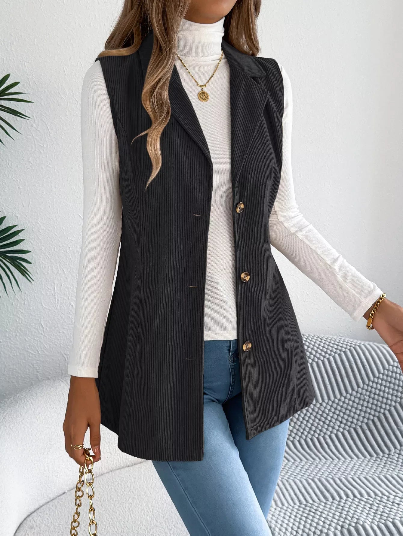 Beige corduroy sleeveless jacket with notched lapel - View 12 | WEUXS