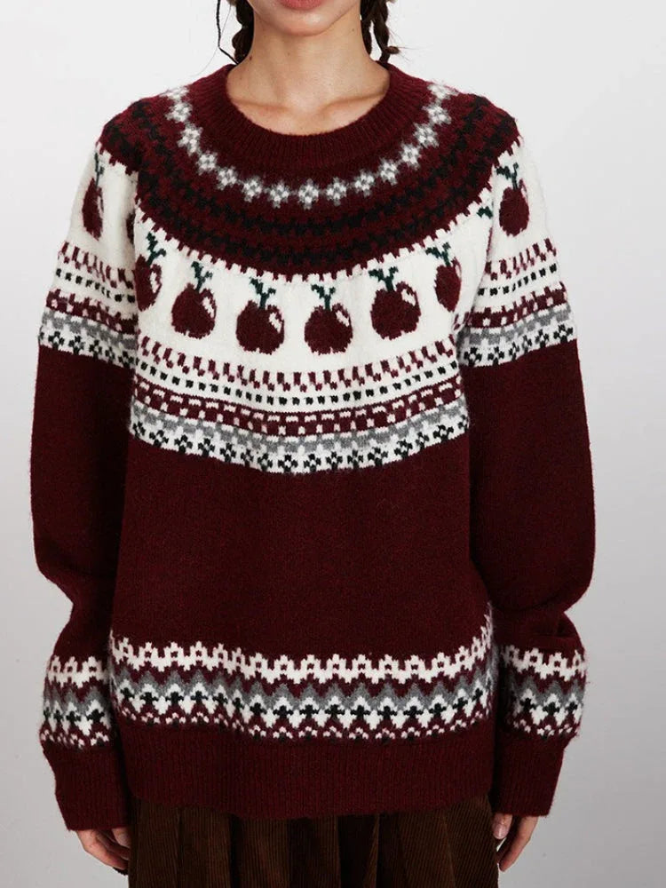 Fair Isle Crewneck Sweater with Apple Motif - View 6 | WEUXS