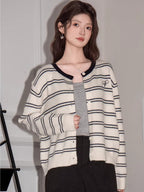 Cream Striped Crew Neck Cardigan - View 6 | WEUXS
