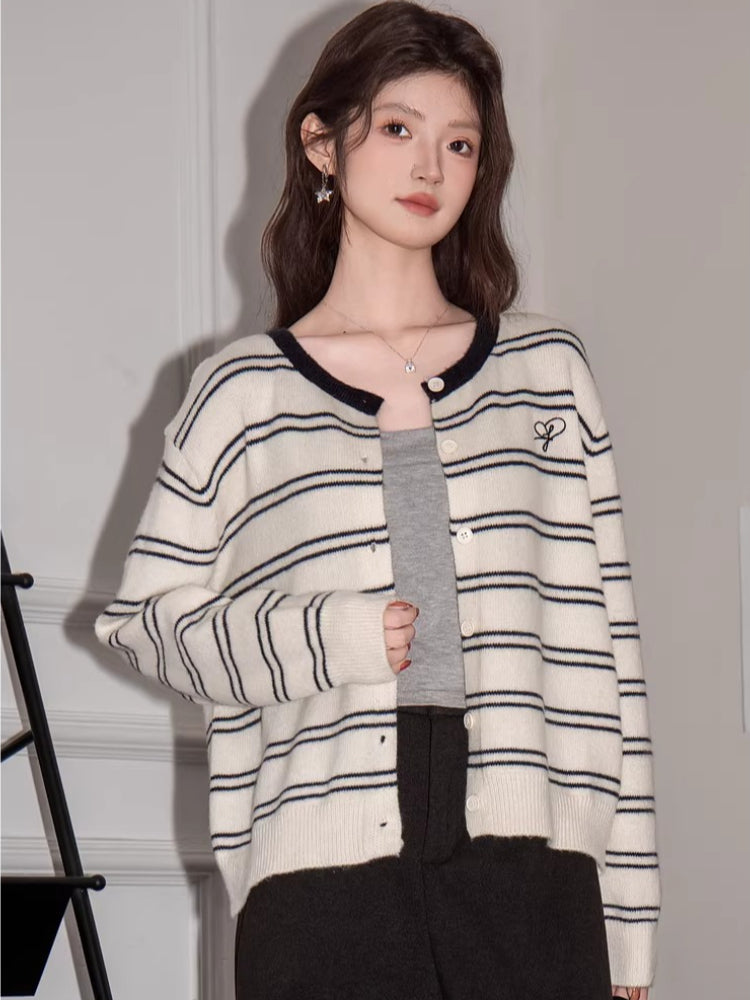 Cream Striped Crew Neck Cardigan - View 6 | WEUXS