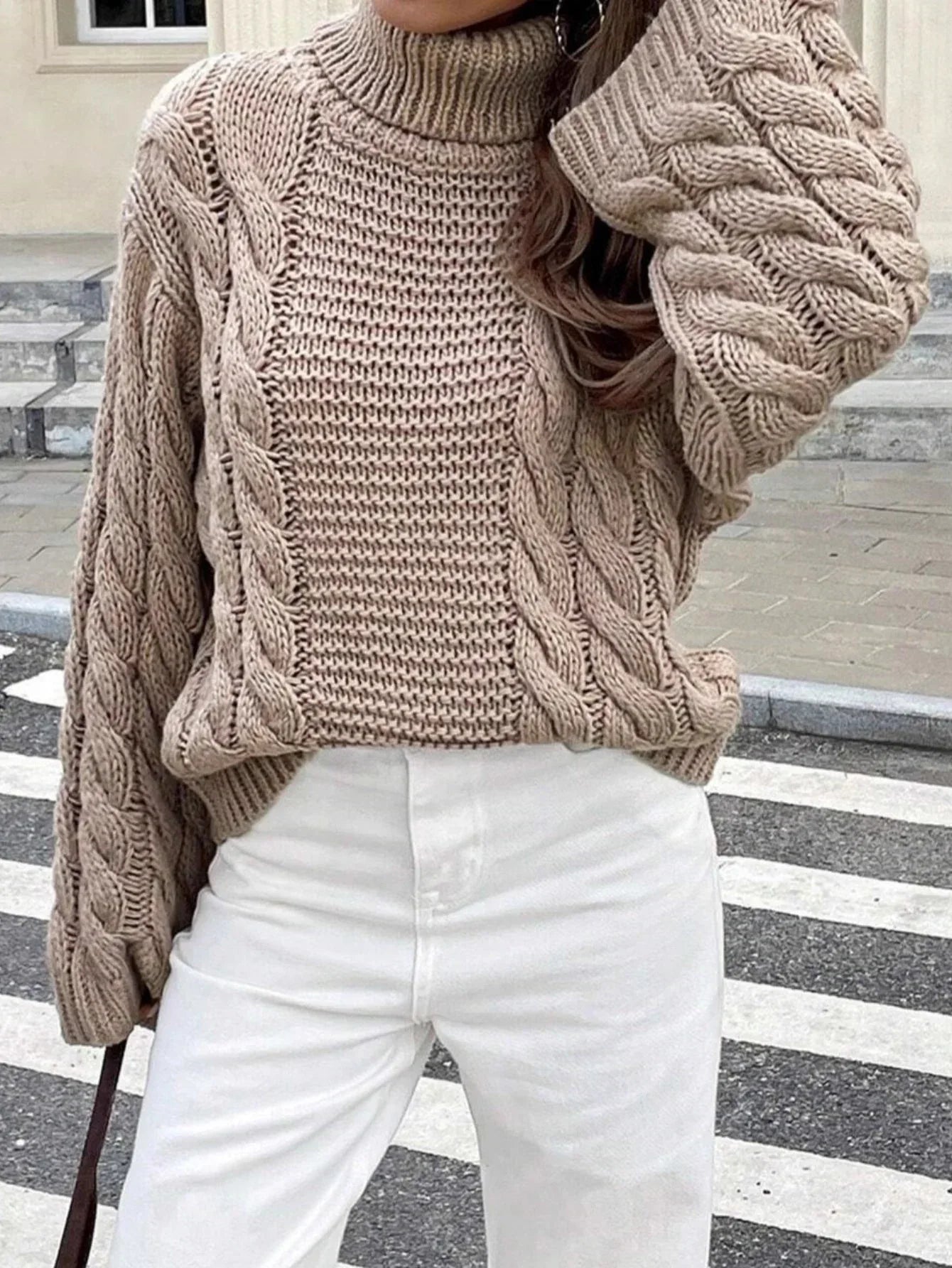Vintage Mocha Bell Sleeve Cable Knit Sweater - WEUXS