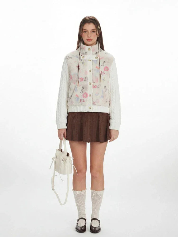 Floral Sherpa & Cable Knit Spliced Jacket - WEUXS Main image