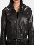 Vintage Wash Faux Leather Bomber Jacket - View 6 | WEUXS