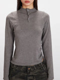 Grey ruched side Henley knit top - View 6 | WEUXS