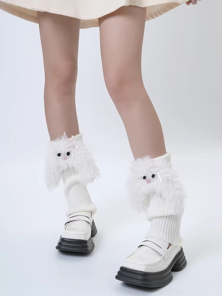 White fuzzy character leg warmers with ribbed knit detail