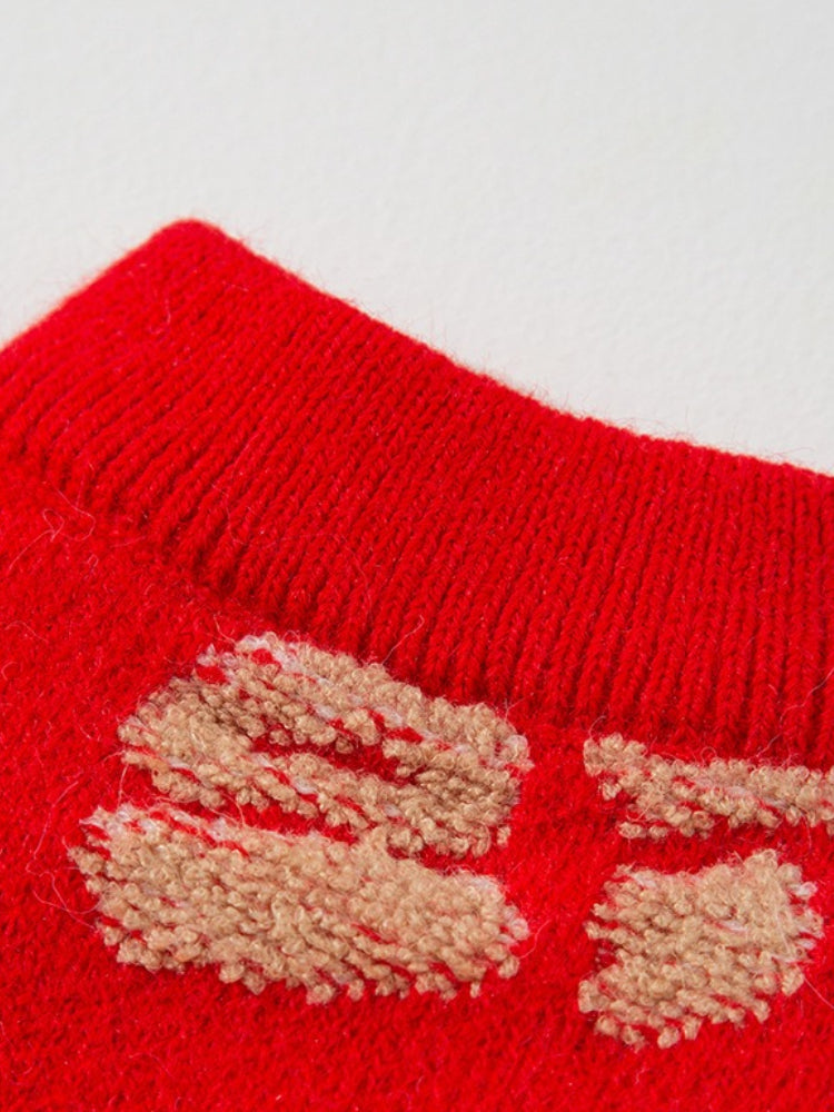 Close-up of the ribbed crew neck of a red knit dog sweater with Chinese characters