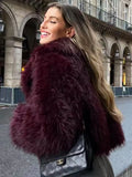 Luxe Burgundy Shaggy Faux Fur Cropped Jacket - WEUXS