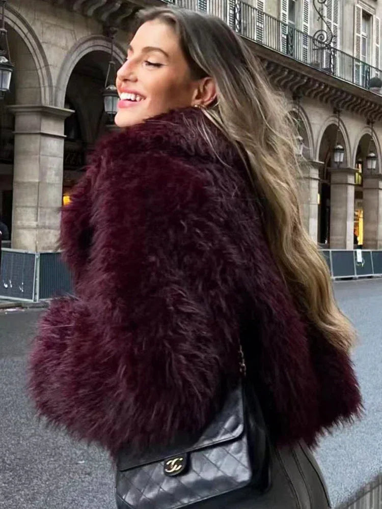 Luxe Burgundy Shaggy Faux Fur Cropped Jacket - WEUXS