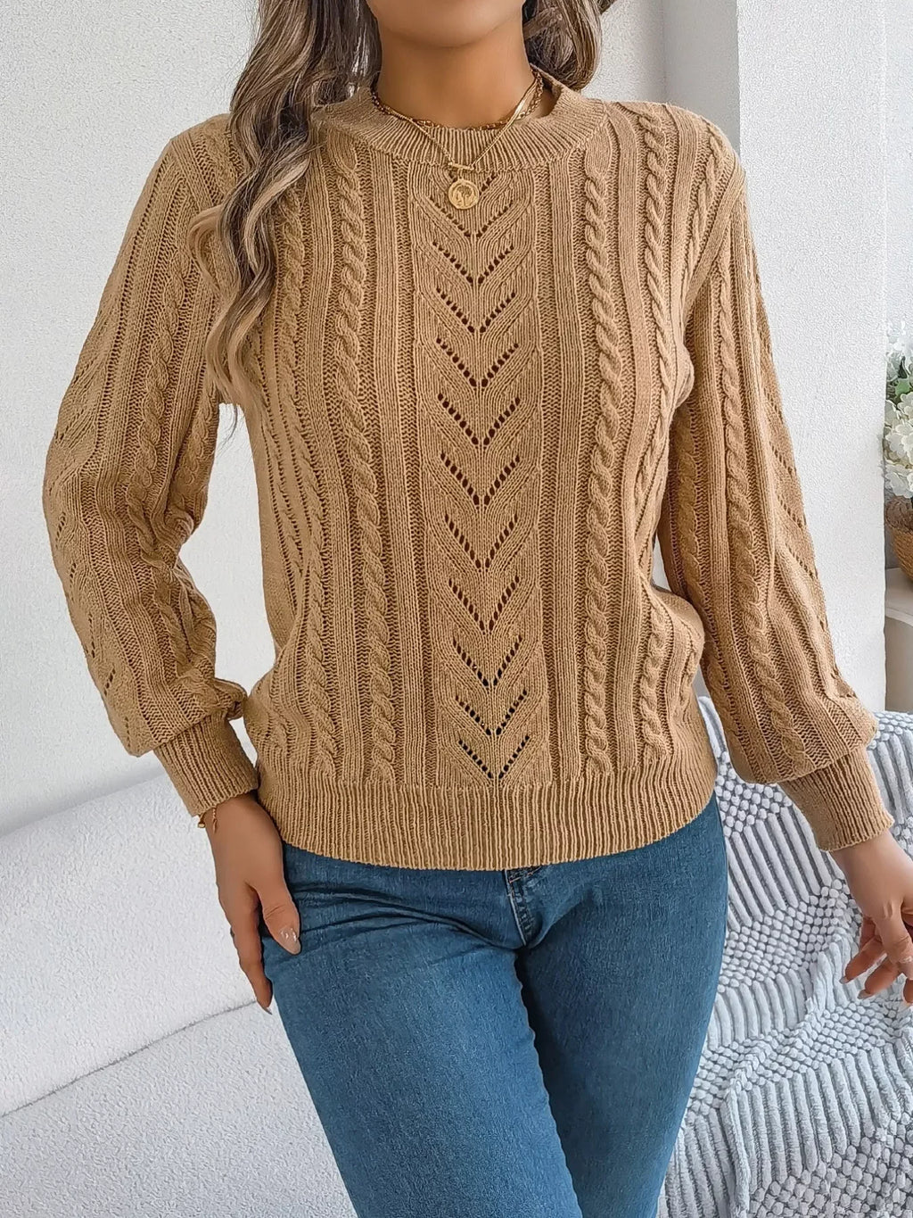 Women's Rust Cable Knit Sweater - WEUXS