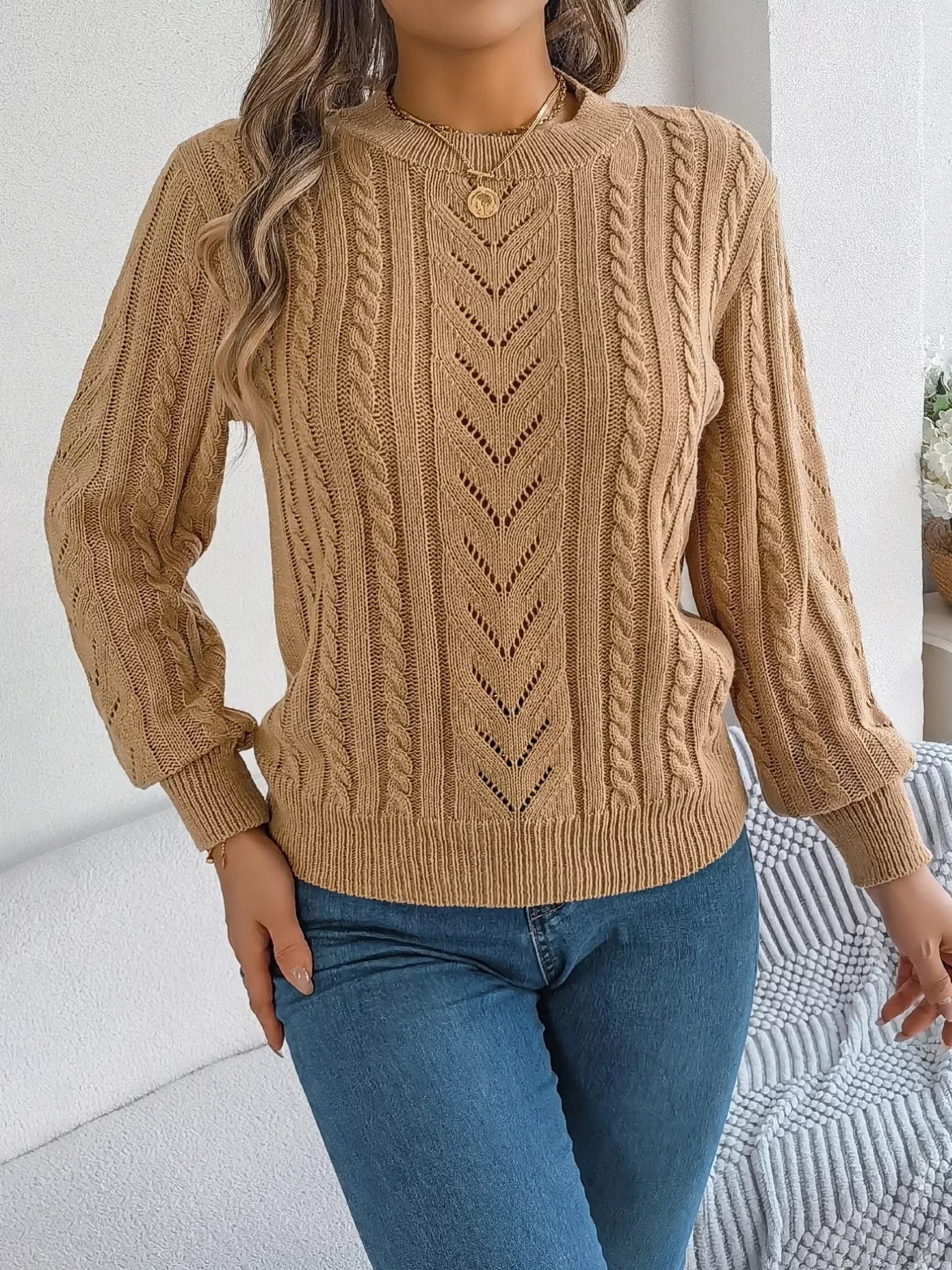 Women's Rust Cable Knit Sweater - WEUXS