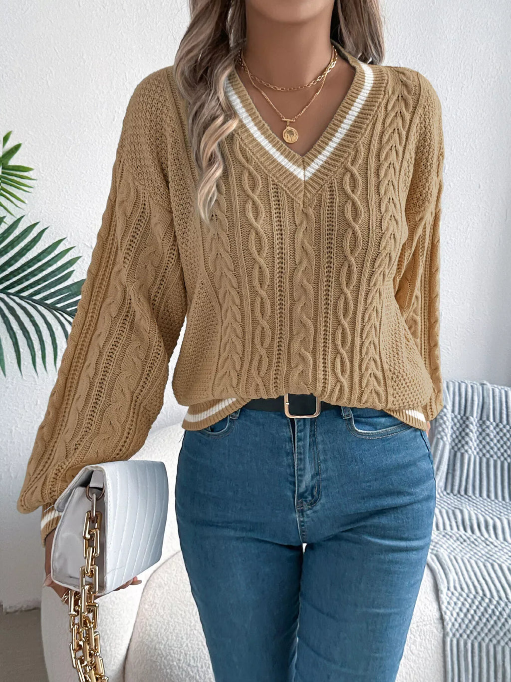 Sky Blue Preppy V-Neck Cable Knit Sweater - View 12 | WEUXS