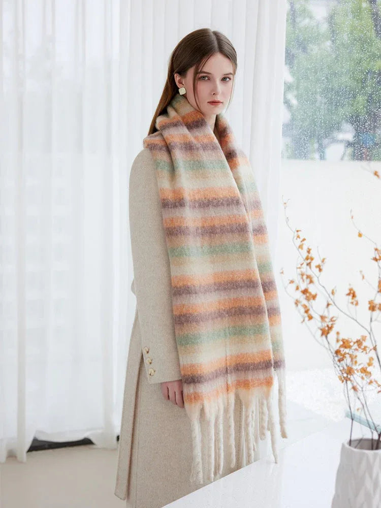 Oversized green gradient striped scarf with fringed edges - View 12 | WEUXS