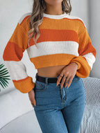 Sunset Boulevard Color Block Knit Crop Sweater - WEUXS