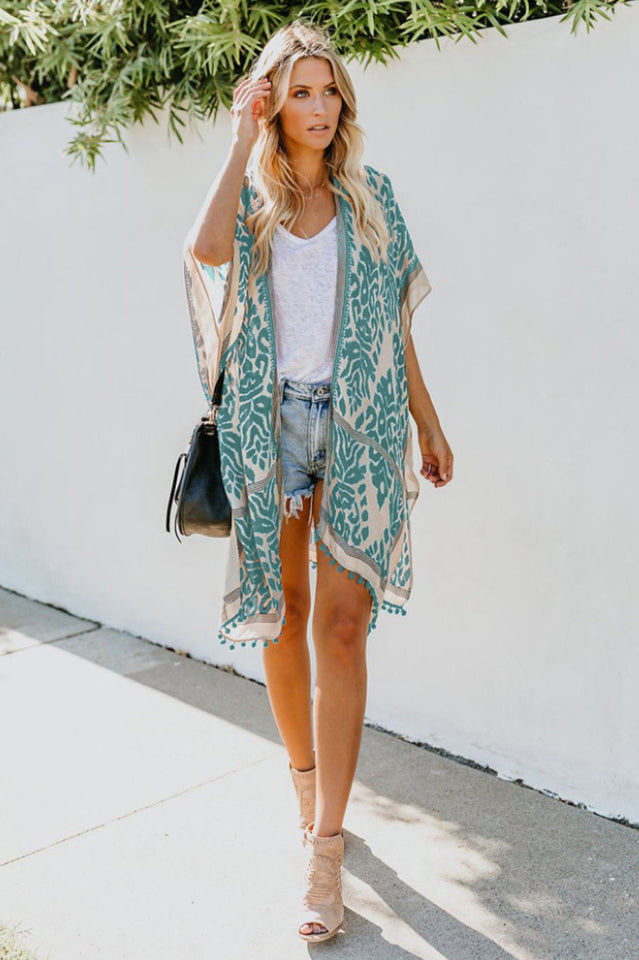 Seaside Resort Cardigan Printed Pompom Kimono | Dress In Beauty