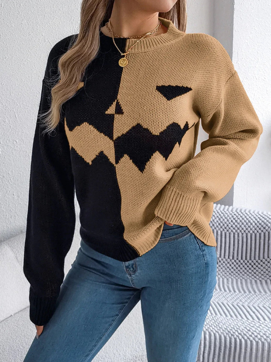 Spooky Chic Split Color Block Pumpkin Sweater - WEUXS