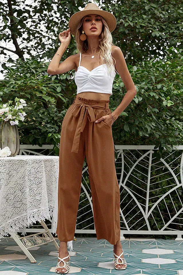 Wide Leg Cropped Pants with Tie Waist Secondary image