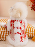 Rear view of a small white dog in a light pink and red embroidered coat with white faux fur trim, sitting on a cushion.