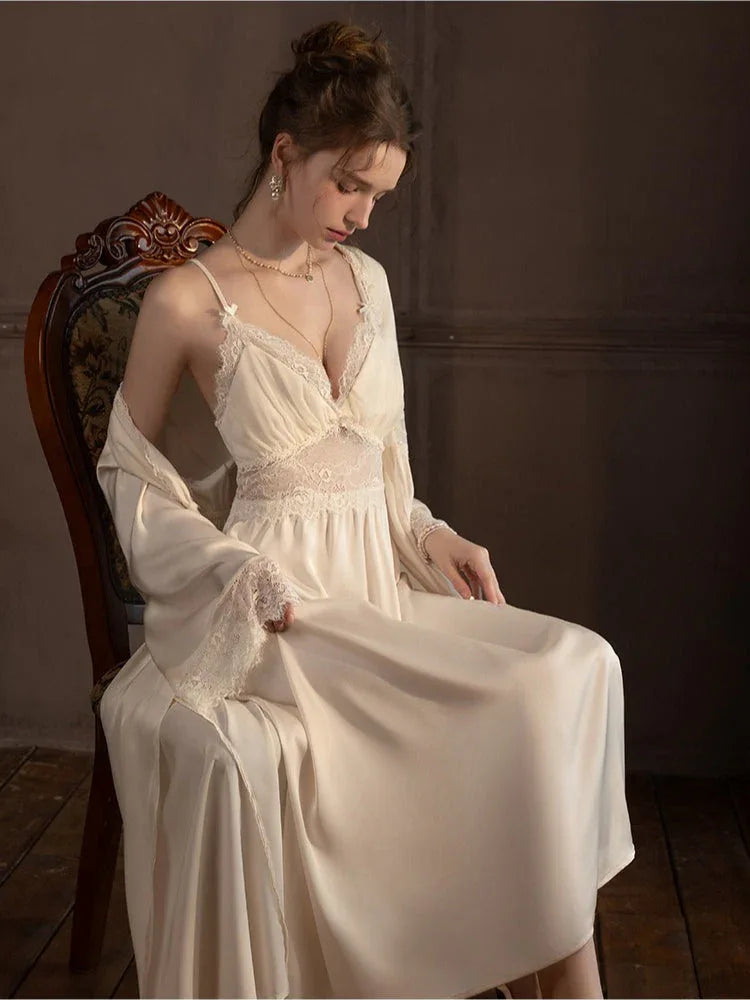 Satin lace robe and slip dress set - View 7 | WEUXS