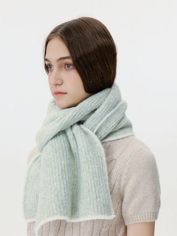 Soft Sage Green Knit Scarf with White Trim