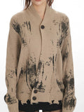 Distressed knit cardigan with abstract print and button front - View 6 | WEUXS