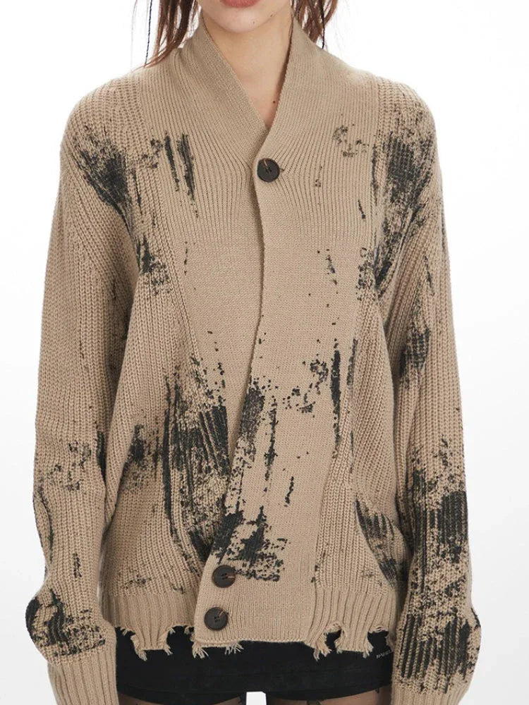 Distressed knit cardigan with abstract print and button front - View 6 | WEUXS