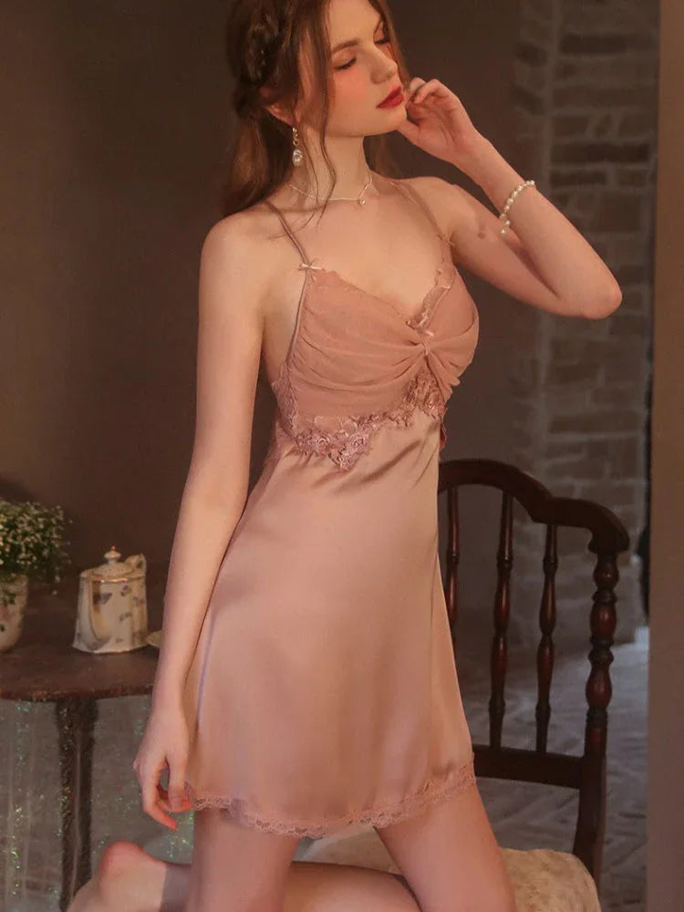 Vintage Cream | Twist-Front Lace & Mesh Satin Robe Set - WEUXS