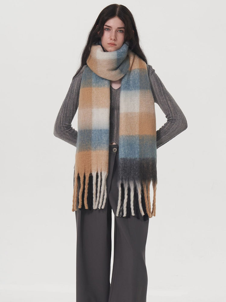Oversized Blue & Beige Color Block Plaid Scarf