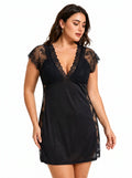 Women's black satin nightgown with V-neck and lace trim - View 6 | WEUXS