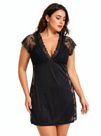 Women's black satin nightgown with V-neck and lace trim - View 6 | WEUXS