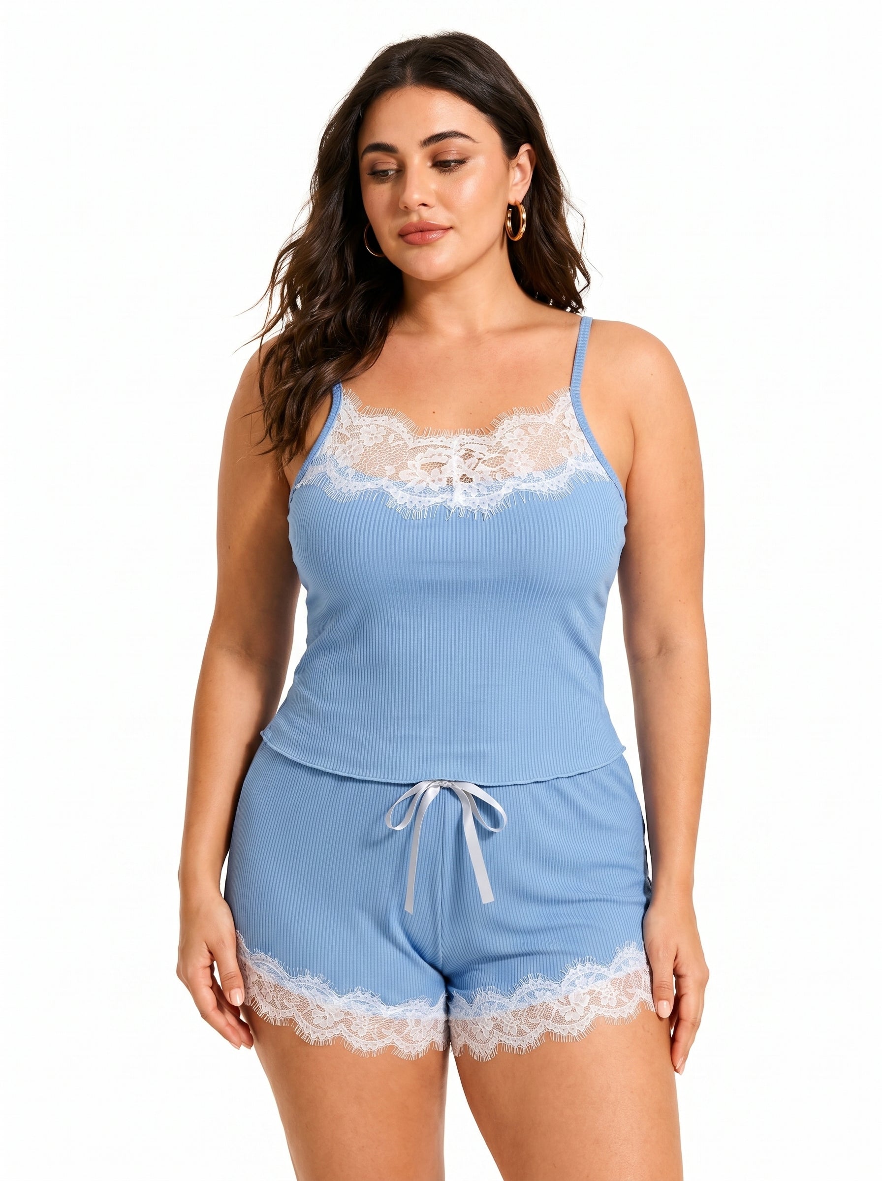 Elegant women's lace trim pajama set - View 6 | WEUXS