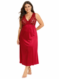 Red satin full-length nightgown with lace trim and v-neckline.