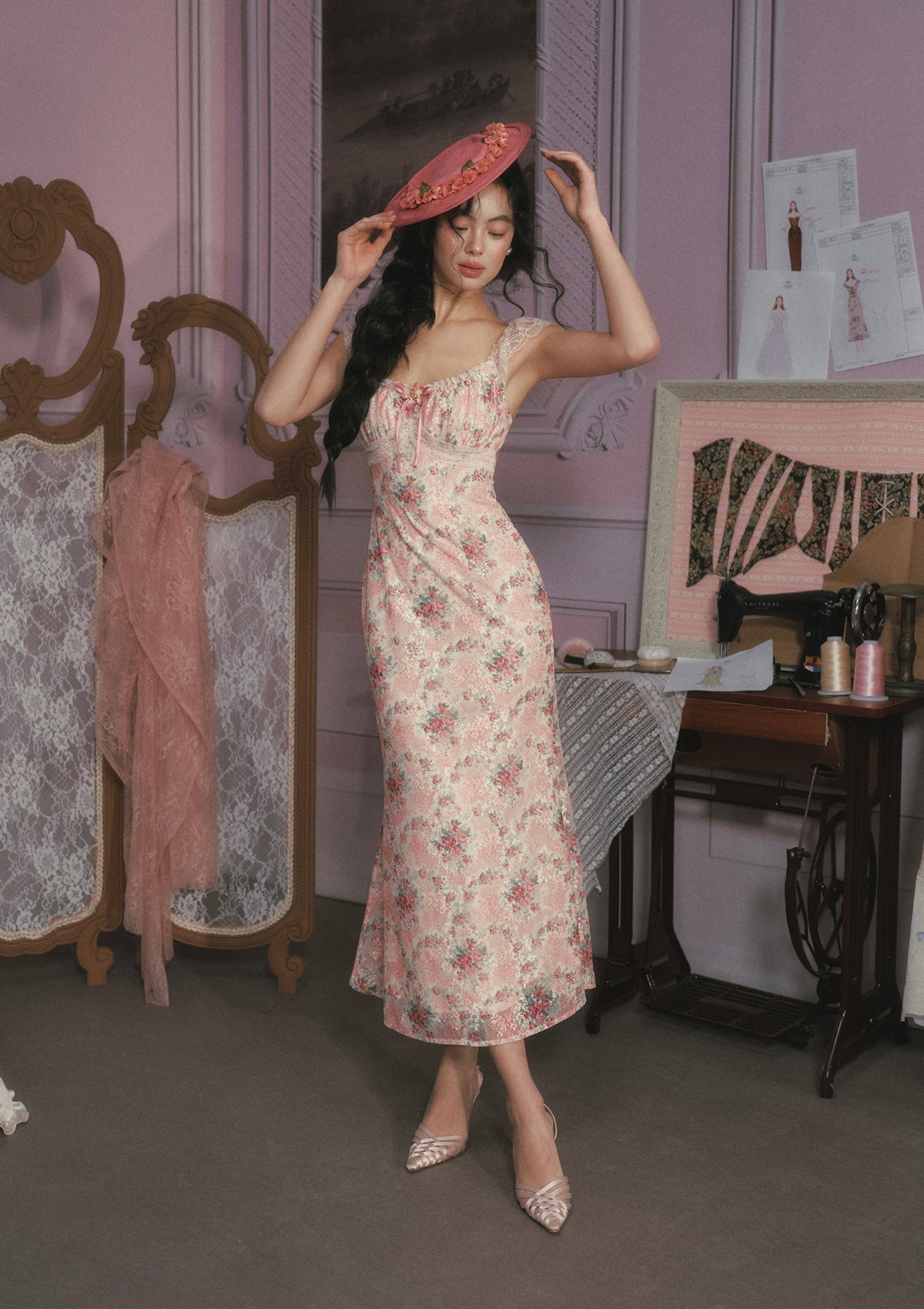 Floral print fit and flare midi dress with square neckline and cap sleeves - View 6 | WEUXS