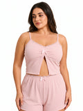Women's ribbed knit pajama set with spaghetti straps and bow detail - View 6 | WEUXS