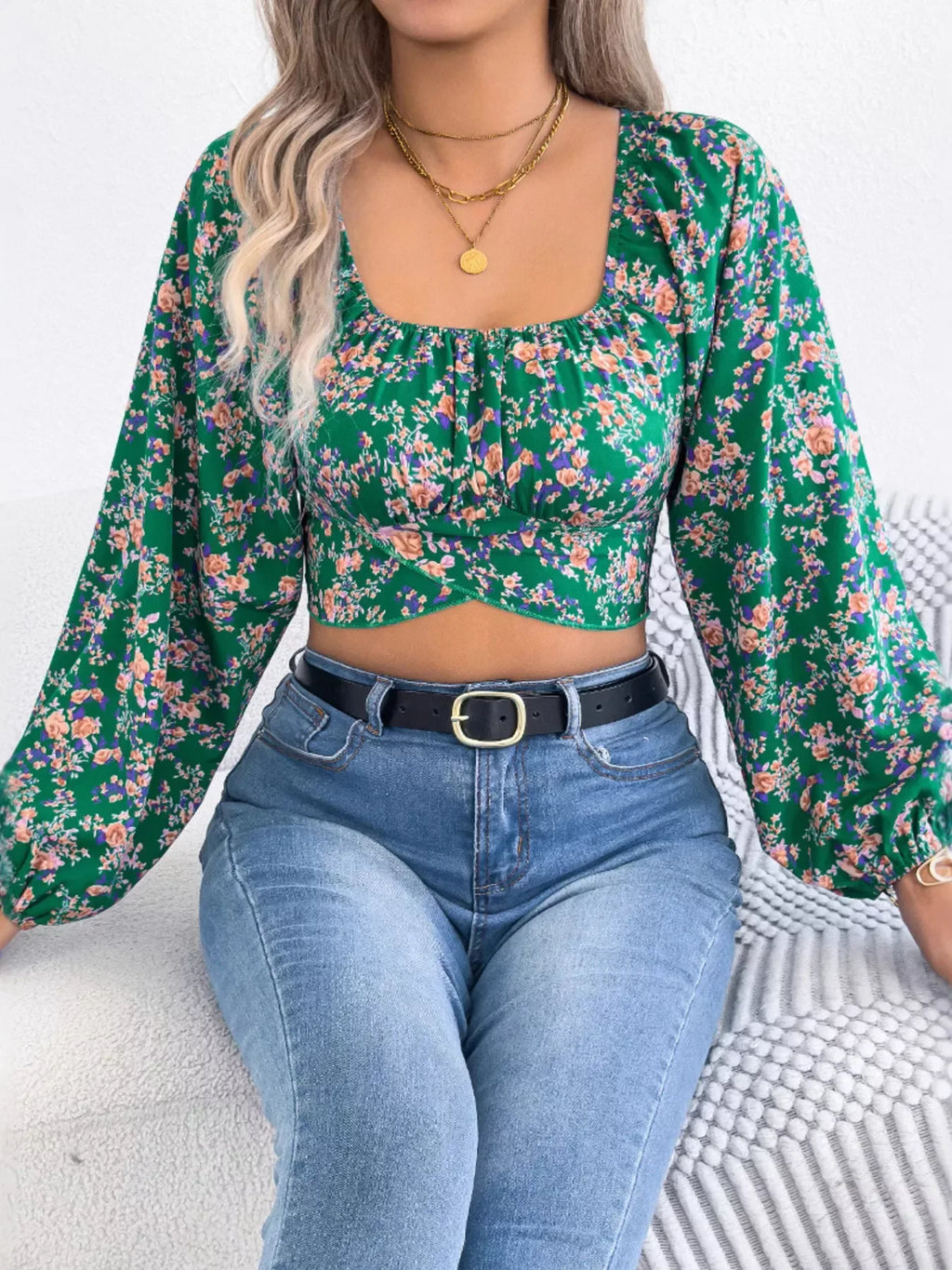 White floral puff sleeve cropped top - View 16 | WEUXS