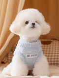 White bichon frise dog wearing a light blue fluffy dog sweater with a white 