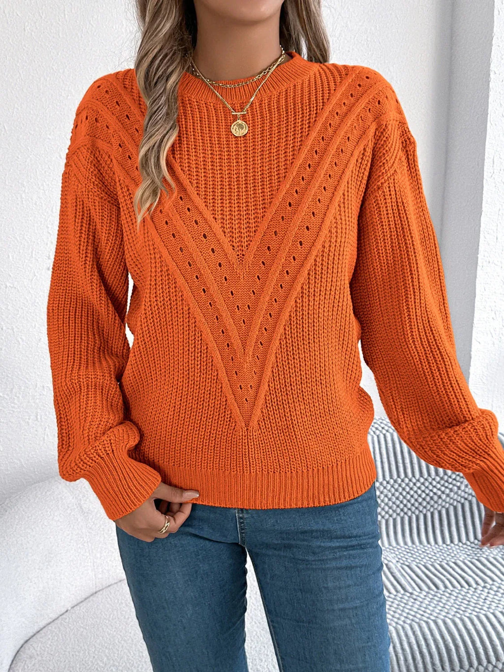 Pointelle knit crew neck sweater - View 10 | WEUXS