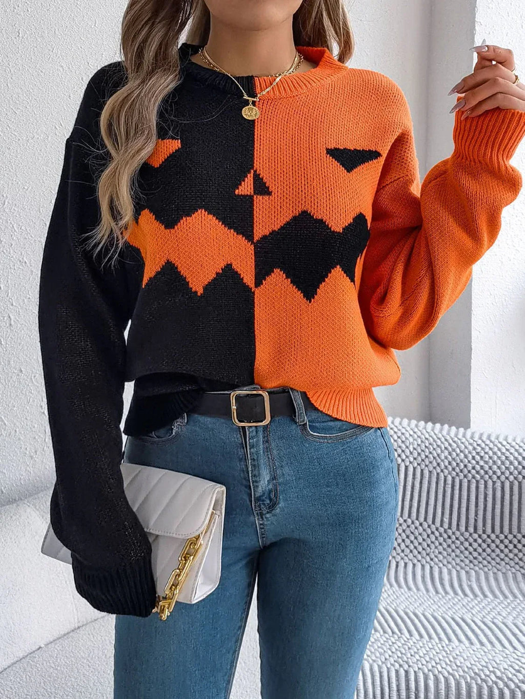 Spooky Chic Split Color Block Pumpkin Sweater - WEUXS