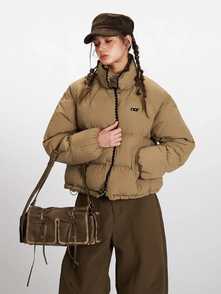 Textured Stand Collar Cropped Puffer Jacket - WEUXS