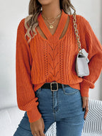 Cable knit V-neck sweater with cutout detail - View 7 | WEUXS
