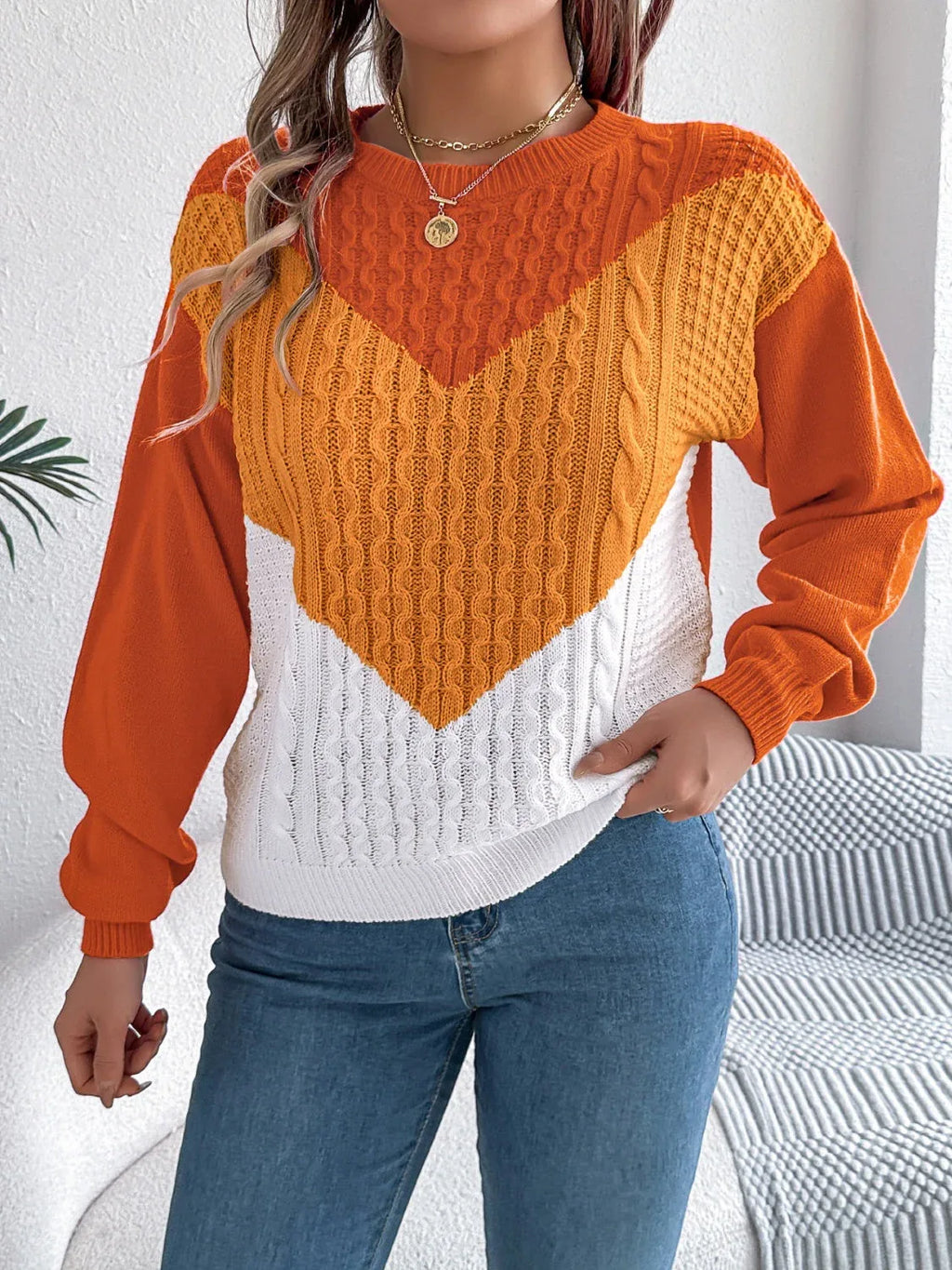Colorblock cable knit sweater - View 8 | WEUXS