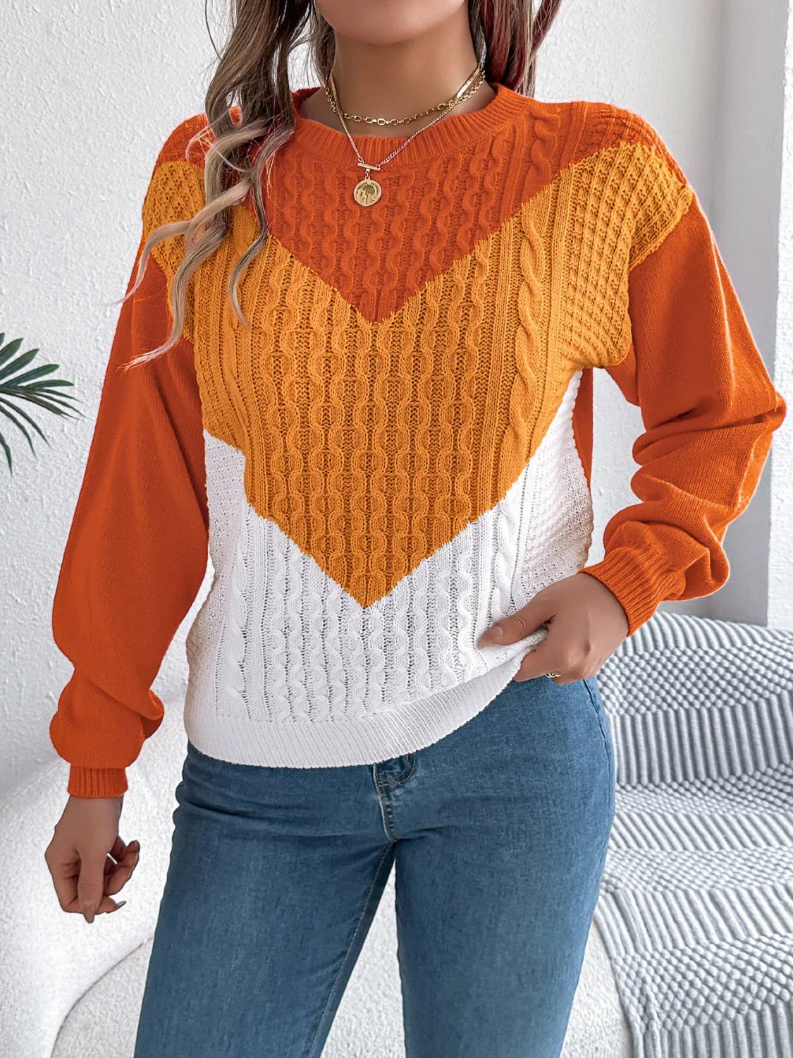Colorblock cable knit sweater - View 8 | WEUXS
