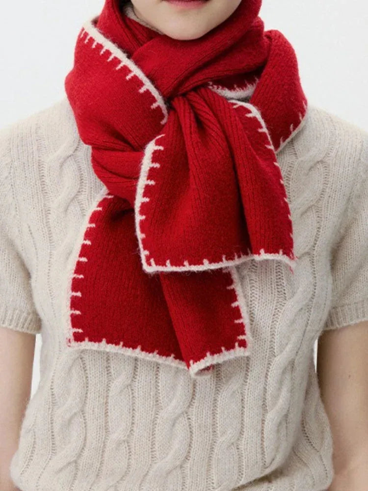 Woman styled with a festive red scarf