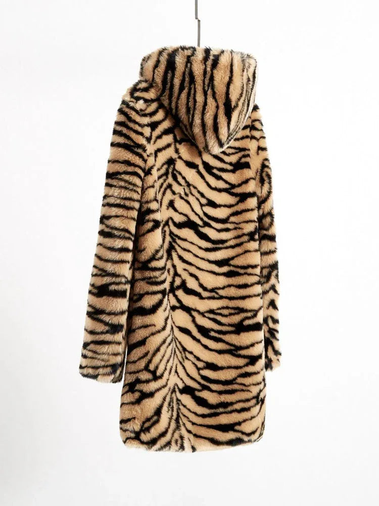Luxe Tiger Print Faux Fur Hooded Coat - WEUXS