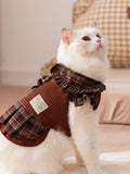 A white cat looking up while wearing a brown plaid pet dress with a ruffled collar and pleated skirt.