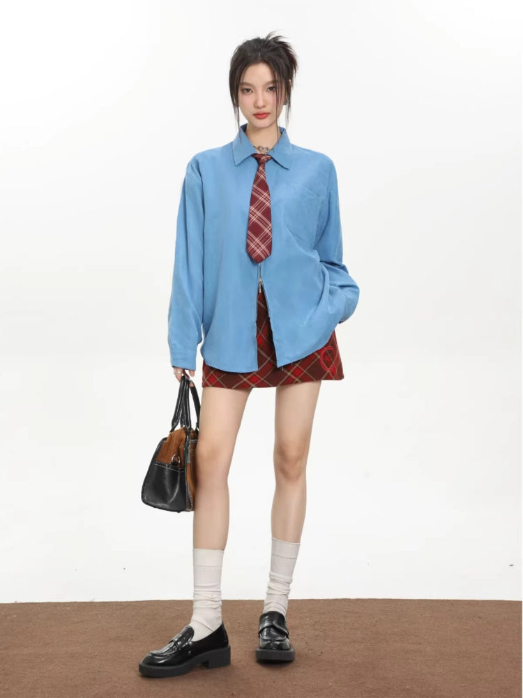 Oversized Plaid Tie Shirt Set